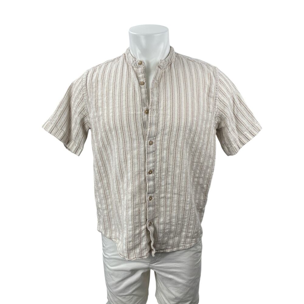 E.T.A Men's Beige Striped Relaxed Fit Short Sleeve Button Down Shirt Top Size M